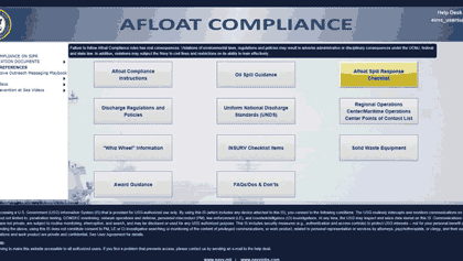 NORFOLK, Va. (Oct. 23, 2017) - The homepage of the Navy's new Afloat Environmental Compliance website located at https://eims3.sscno.nmci.navy.mil/afloat/. U.S. Fleet Forces Installations and Environment department developed the website to help Sailors locate, review, and adhere to the Navy's environmental policies and improve access to environmental compliance resources. Although direct access to the toolbox is available through the internet, a Common Access Card (CAC) is still required for login. (U.S. Navy photo illustration by MC2 Stacy M. Atkins Ricks