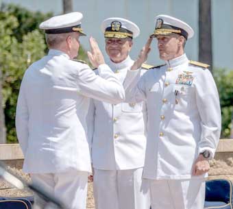 SAN DIEGO (June 16, 2020) – Vice Adm. Steve Koehler salutes Adm. Samuel Paparo, the commander of U.S. Pacific Fleet, after transferring command of U.S. Third Fleet to Vice Adm. Michael Boyle during his change of command ceremony at Naval Base Point Loma, June 16. Koehler served as Third Fleet commander from June 2021 to June 2022, and is scheduled to report to his new assignment as director for Strategy, Plans and Policy, J-5, Joint Staff, and for appointment as senior member of the Military Staff Committee of the United Nations in Washington, D.C. (U.S. Navy photo by Mass Communication Specialist 1st Class David Mora Jr.) 
