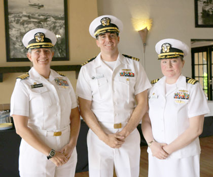 (From left) Capt. Sarah Sherwood, Center for Information Warfare Training commanding officer; Cmdr. Daniel Flemming and Cmdr. Samantha F. Scarborough are pictured following a change of command ceremony at the I-Bar on Naval Air Station North Island in San Diego, May 2, 2025. Scarborough relieved Flemming as commanding officer of Information Warfare Training Command San Diego, which provides a continuum of training to Navy and joint service personnel that prepares them to conduct information warfare across the full spectrum of military operations. U.S. Navy photo by Michele Diamond. 