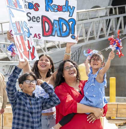 NAVAL BASE SAN DIEGO (March 4, 2026) — Families greet their Sailors upon arrival of Independence-variant littoral combat ship USS Cincinnati (LCS 20) to its homeport of Naval Base San Diego after eight months of sustained operations in the U.S. 3rd and 7th Fleet areas of operations, March 4, 2026. Littoral combat ships are fast, optimally manned, mission-tailored surface combatants that operate in near-shore and open-ocean environments, winning against 21st-century threats. LCSs integrate with joint, combined, manned, and unmanned teams to support forward presence, maritime security, sea control, and deterrence missions around the globe. U.S. Navy photo by MC2 Aja Bleu Campbell.