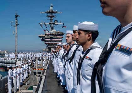 U.S. Sailors man the rails as Nimitz-class aircraft carrier USS Abraham Lincoln returns to its homeport of San Diego following 10 months of operations in the U.S. 5th and 7th Fleet areas of operations. Photo by Petty Officer 3rd Class Angel Campbell